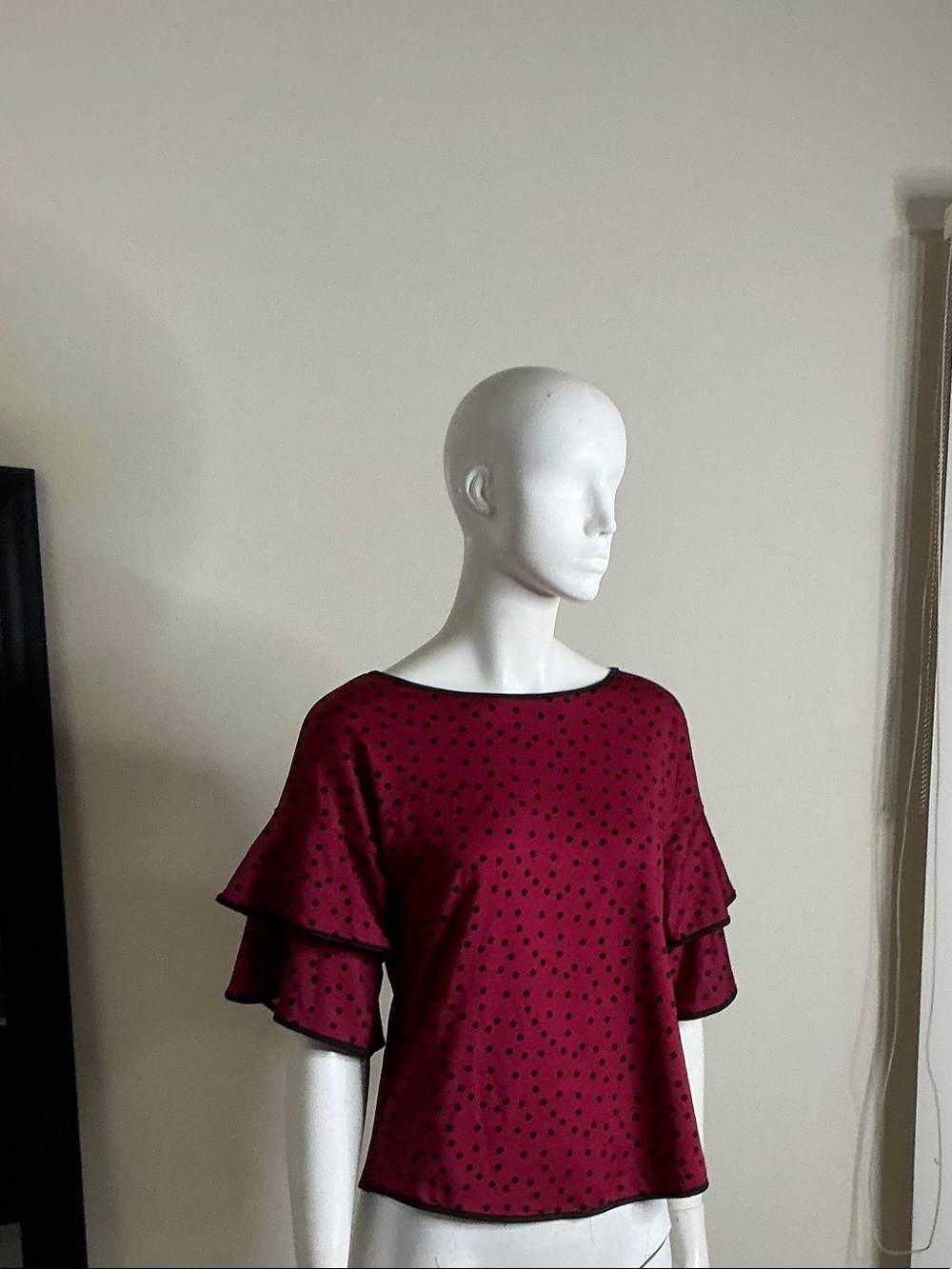 Tiered Sleeve Burgundy Polka Dot Blouse